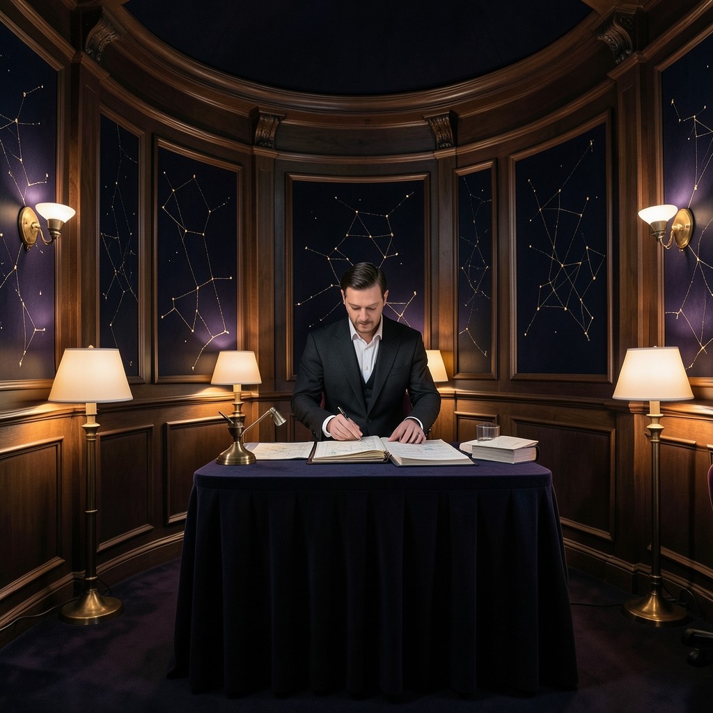 Academy instructor at a velvet-draped desk reviewing wave annotations