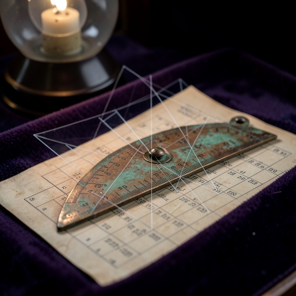 Copper protractor and Fibonacci overlay resting on a printed price chart