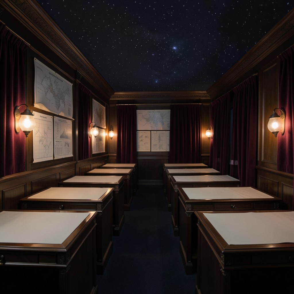 Evening clinic room with charts pinned beneath smoked-glass lamps