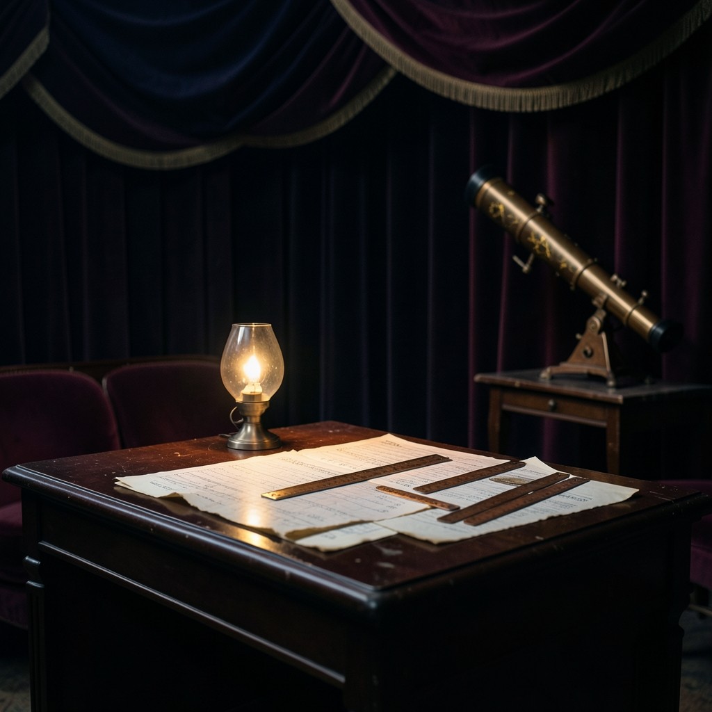 Velvet-lit study with charts spread across a lacquered desk under a brass reading lamp