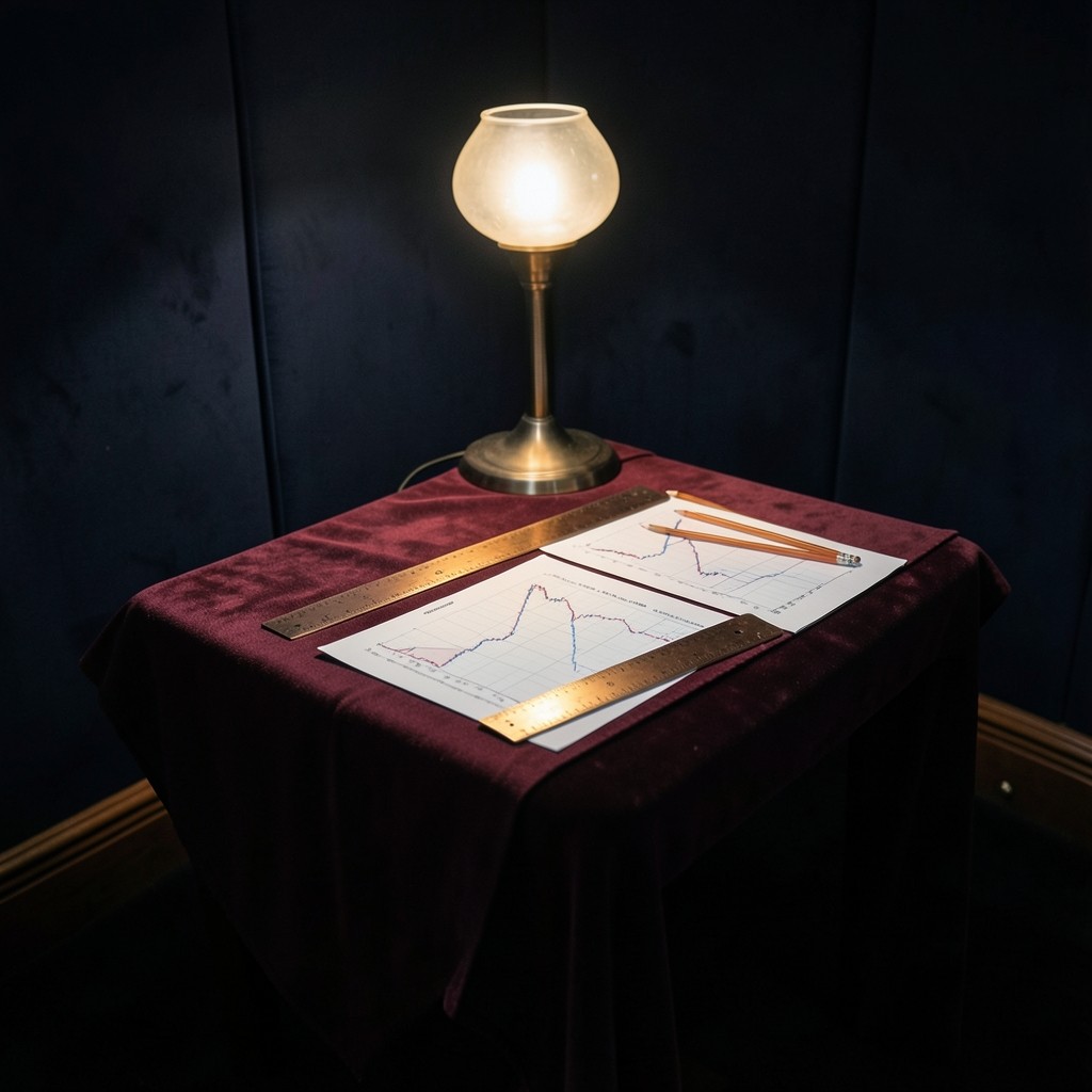 Clinic table with printed charts and copper rulers under warm lamplight