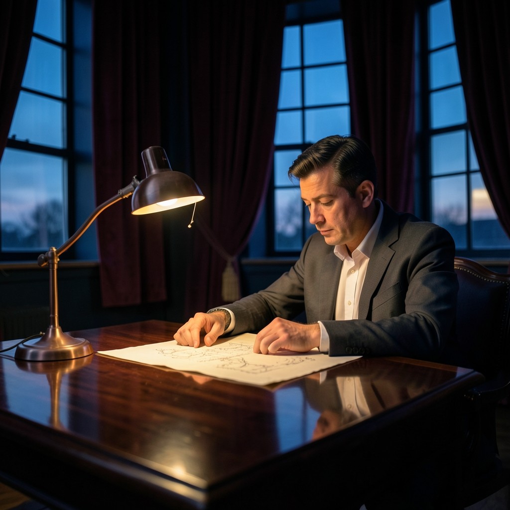 Instructor reviewing a single annotated chart beside a window at dusk